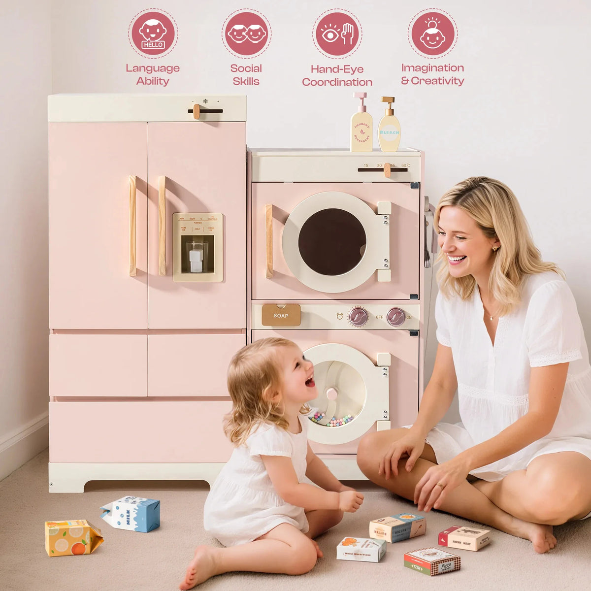 Robud Kids Wooden Pink Play Kitchen All in 1 Corner Set Includes Oven