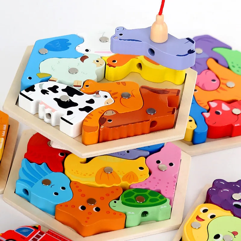Montessori Wooden Magnetic Fishing Toys Marine Life Cognition Games Early Educational Toy