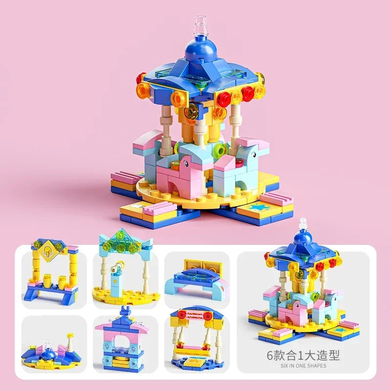 Mini size 6 In 1 Building Blocks DIY Police Car Fire Truck Castle