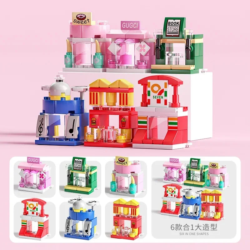 Mini size 6 In 1 Building Blocks DIY Police Car Fire Truck Castle