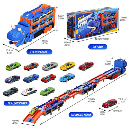 Dinosaur Transport Truck Toy Race Track Folding Dino Carrier Car Set