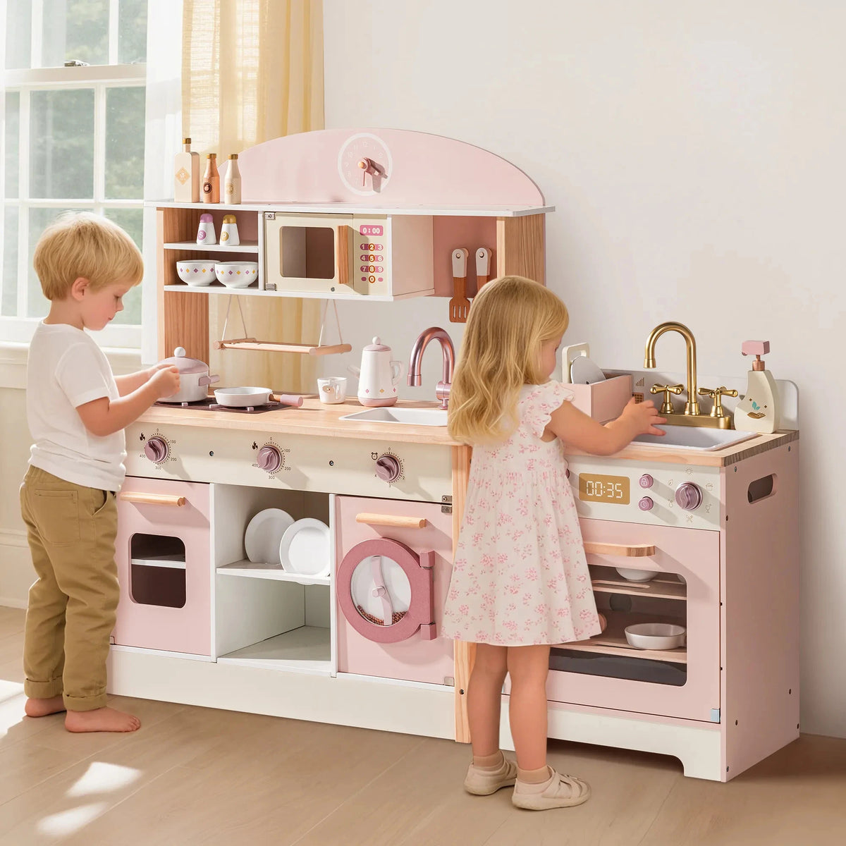 Robud Kids Wooden Pink Play Kitchen All in 1 Corner Set Includes Oven