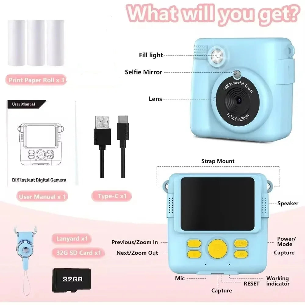 1080P HD Video Camera Portable Instant Print Camera for Kids