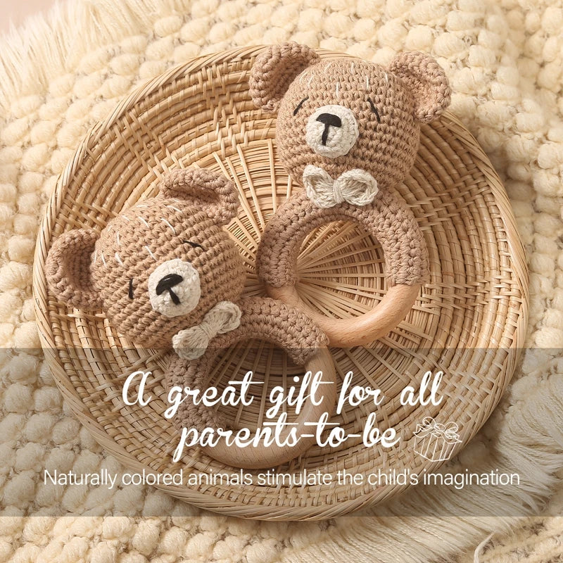 1PC Crochet Animal Bear Rattle Toy Soother Bracelet Wooden Teether Ring