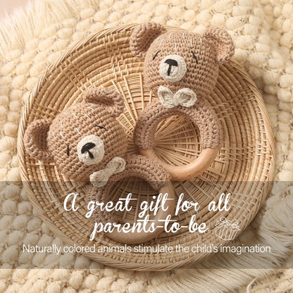 1PC Crochet Animal Bear Rattle Toy Soother Bracelet Wooden Teether Ring