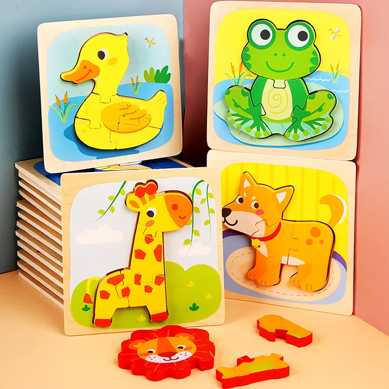 Montessori Wooden Toys Wood Puzzle Cartoon Animals Cognitive Jigsaw Puzzle