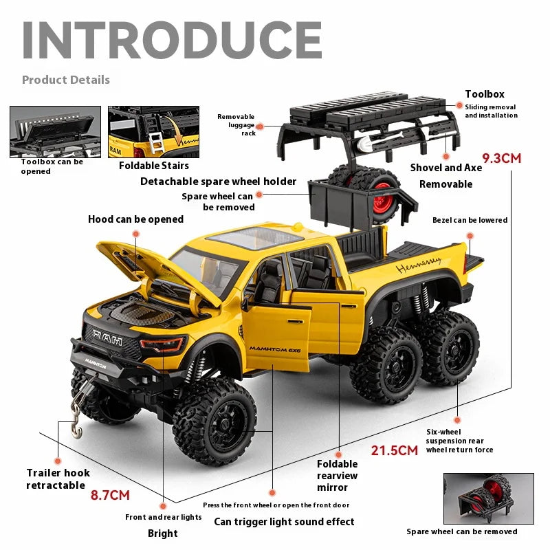 Large Size 1:24 Mammoth 6X6 Off-road Pickup Truck Children's Toy Car