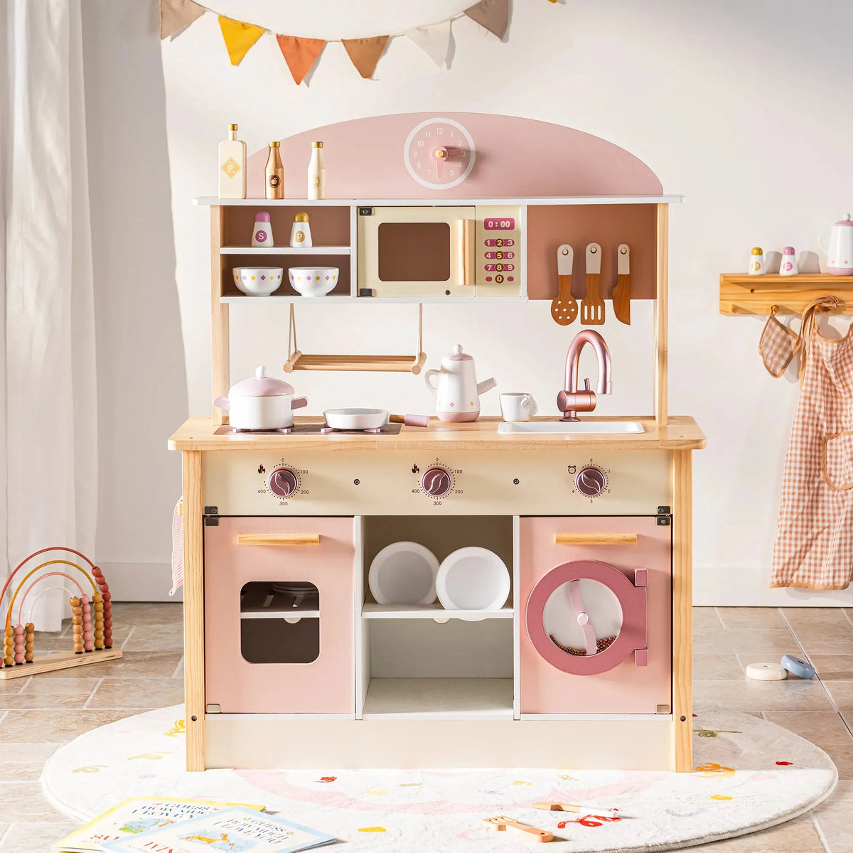 Robud Kids Wooden Pink Play Kitchen All in 1 Corner Set Includes Oven