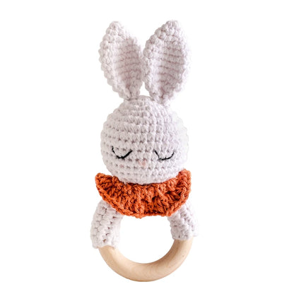 1PC Crochet Animal Bear Rattle Toy Soother Bracelet Wooden Teether Ring