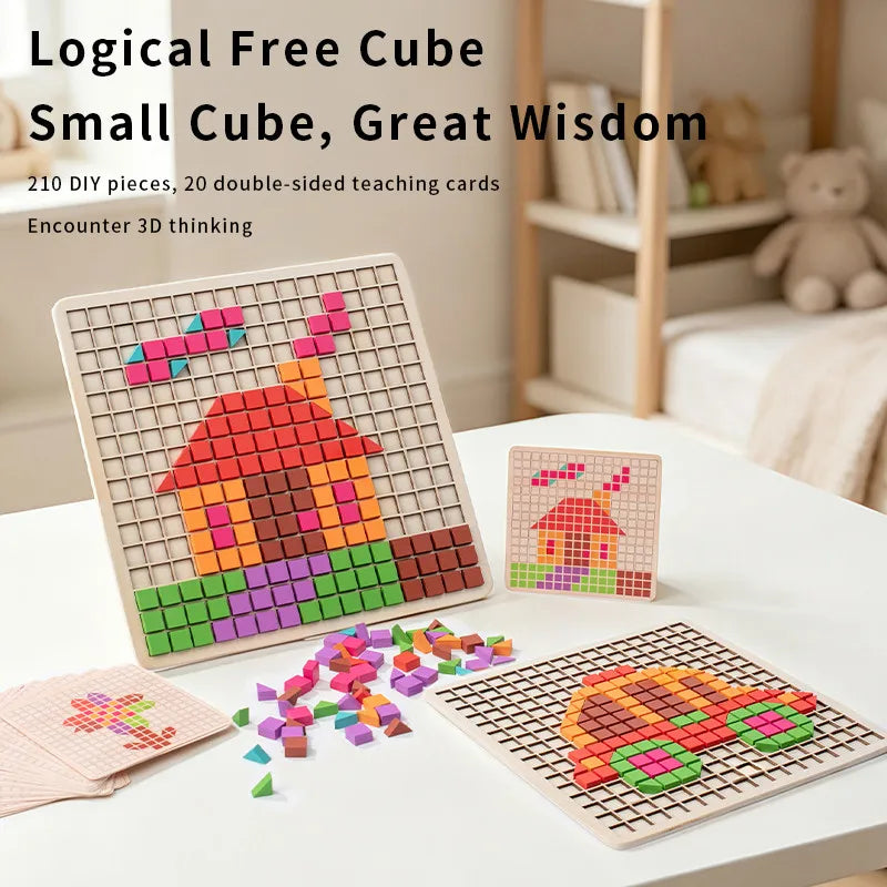 3D Pixel Particle Wooden Blocks Mosaic Puzzle, Pointillism Educational Building Toy