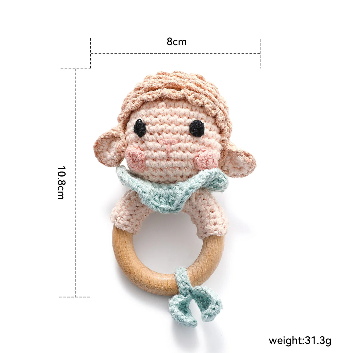 1PC Crochet Animal Bear Rattle Toy Soother Bracelet Wooden Teether Ring