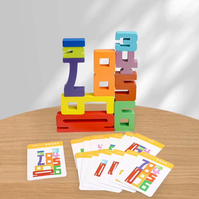 Colorful Building Blocks Wooden Toys Stacking Games Montessori Toys with Cards Digit Blocks