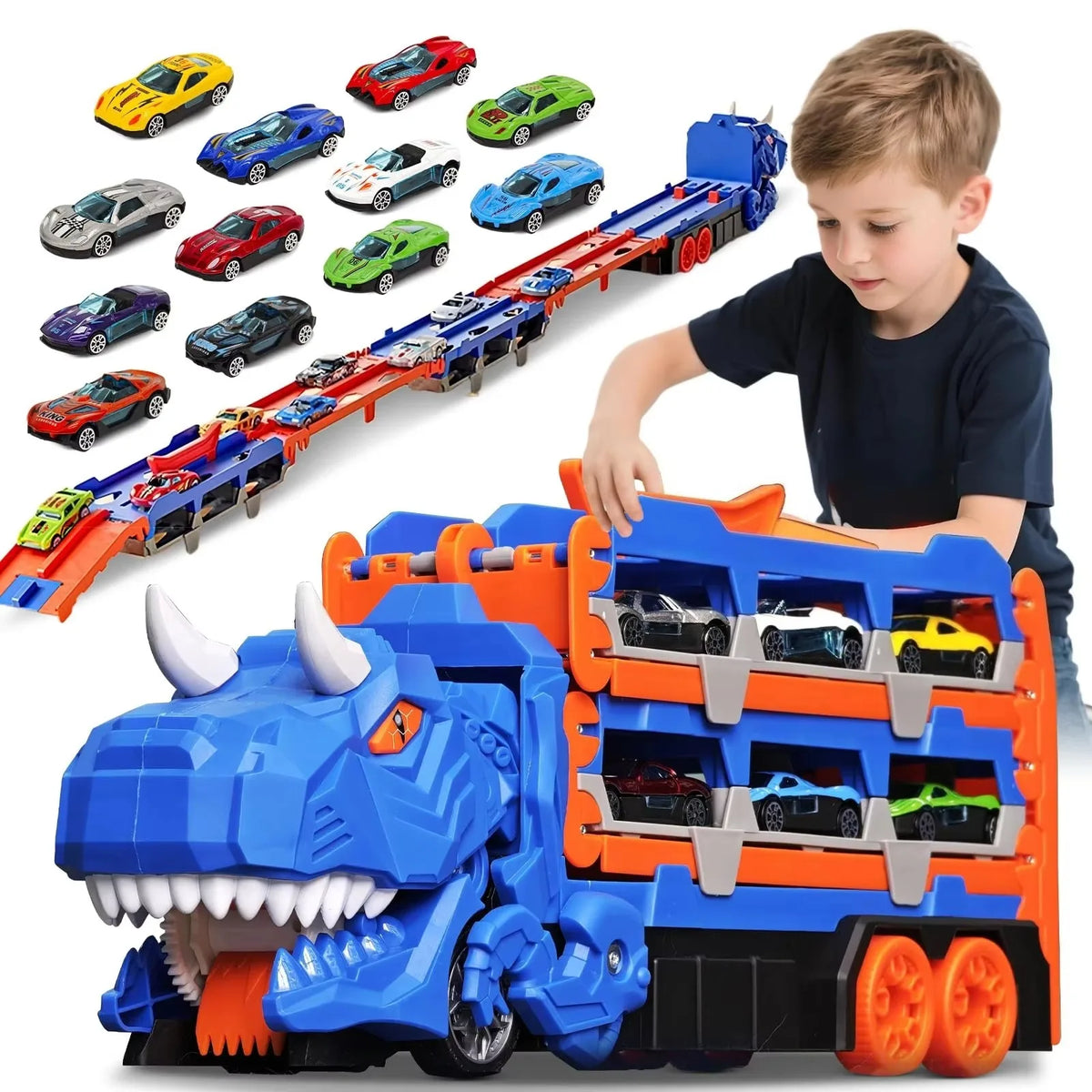 Dinosaur Transport Truck Toy Race Track Folding Dino Carrier Car Set