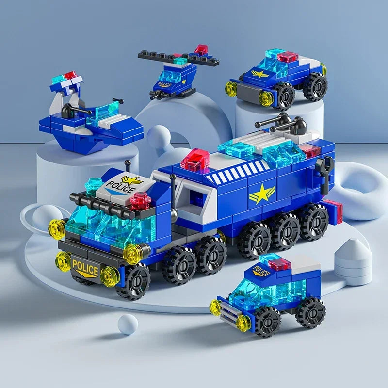 Mini size 6 In 1 Building Blocks DIY Police Car Fire Truck Castle