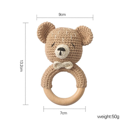 1PC Crochet Animal Bear Rattle Toy Soother Bracelet Wooden Teether Ring