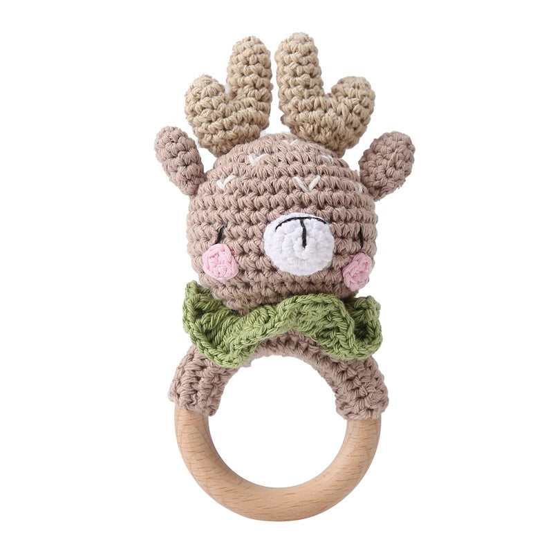 1PC Crochet Animal Bear Rattle Toy Soother Bracelet Wooden Teether Ring