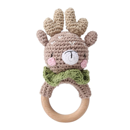 1PC Crochet Animal Bear Rattle Toy Soother Bracelet Wooden Teether Ring
