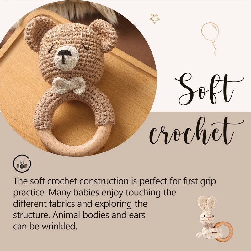 1PC Crochet Animal Bear Rattle Toy Soother Bracelet Wooden Teether Ring