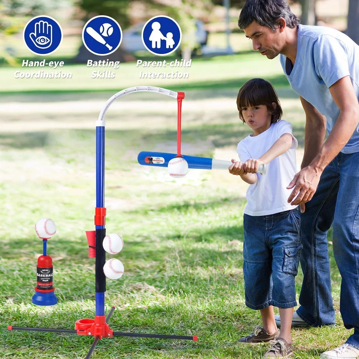 3-in-1 Kids Baseball Toy Set with Hanging Ball Stand