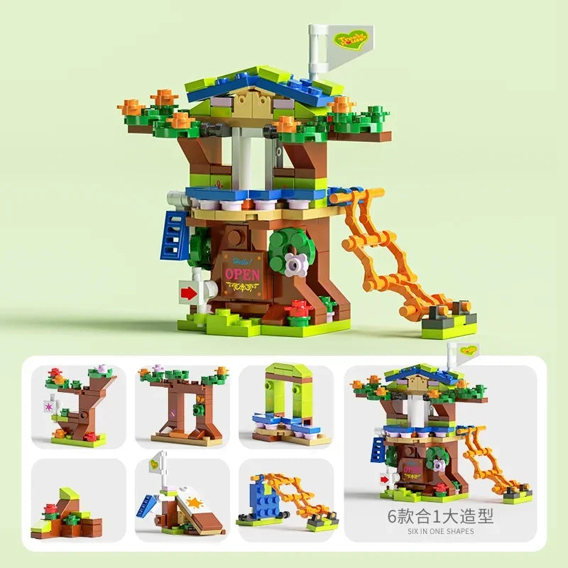 Mini size 6 In 1 Building Blocks DIY Police Car Fire Truck Castle