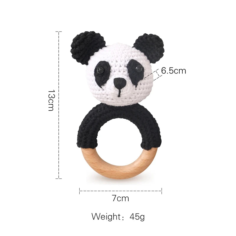 1PC Crochet Animal Bear Rattle Toy Soother Bracelet Wooden Teether Ring
