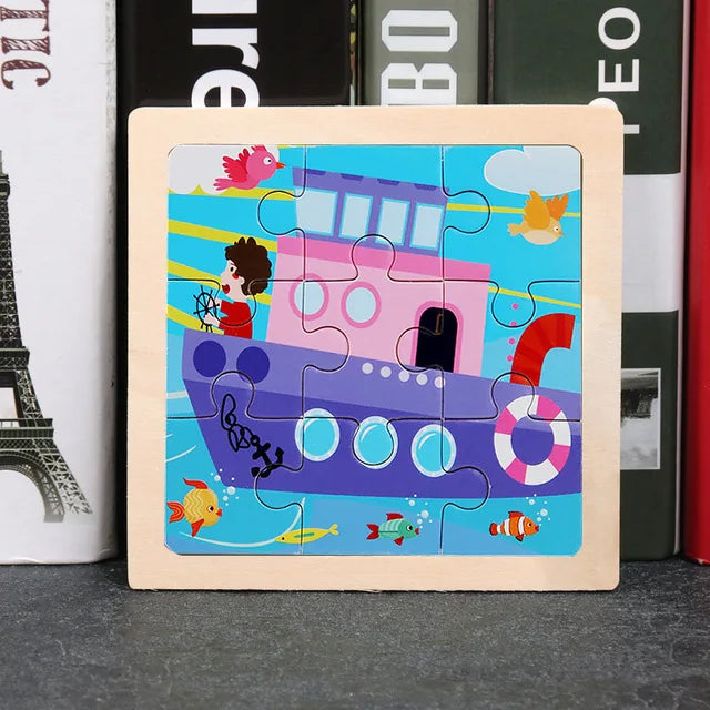 11X11CM Kids Wooden Puzzle Cartoon Animal Traffic Tangram Wood Puzzle Toys