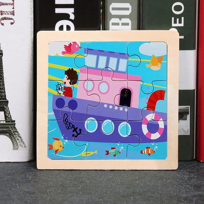 11X11CM Kids Wooden Puzzle Cartoon Animal Traffic Tangram Wood Puzzle Toys