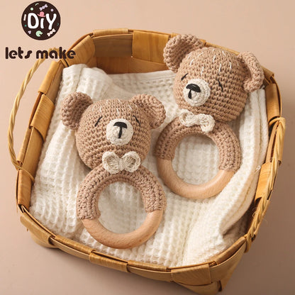 1PC Crochet Animal Bear Rattle Toy Soother Bracelet Wooden Teether Ring