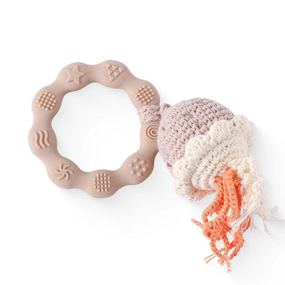 1PC Crochet Animal Bear Rattle Toy Soother Bracelet Wooden Teether Ring