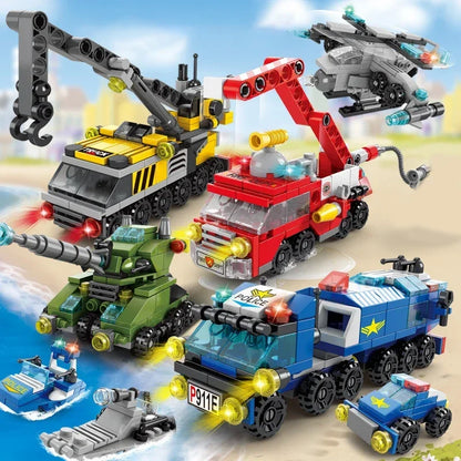 Mini size 6 In 1 Building Blocks DIY Police Car Fire Truck Castle