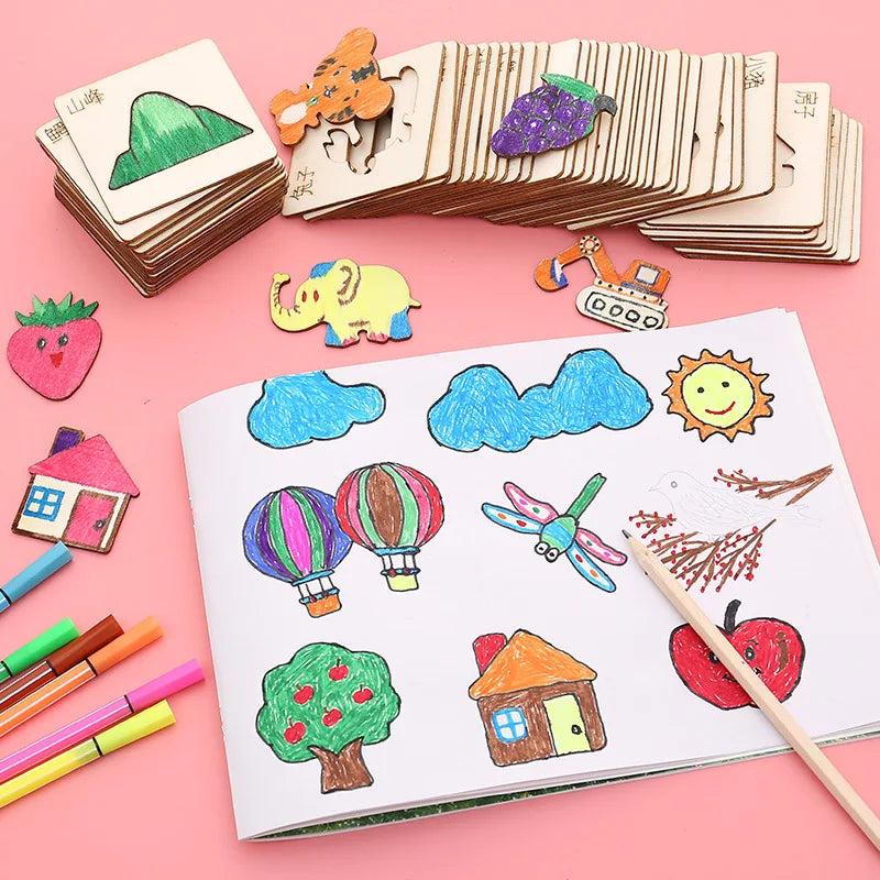 20pcs Montessori Kids Drawing Toys Wooden DIY Painting Stencils Set