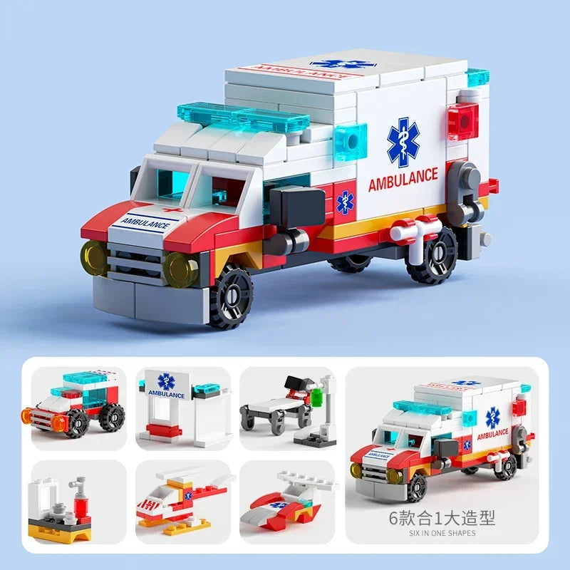 Mini size 6 In 1 Building Blocks DIY Police Car Fire Truck Castle