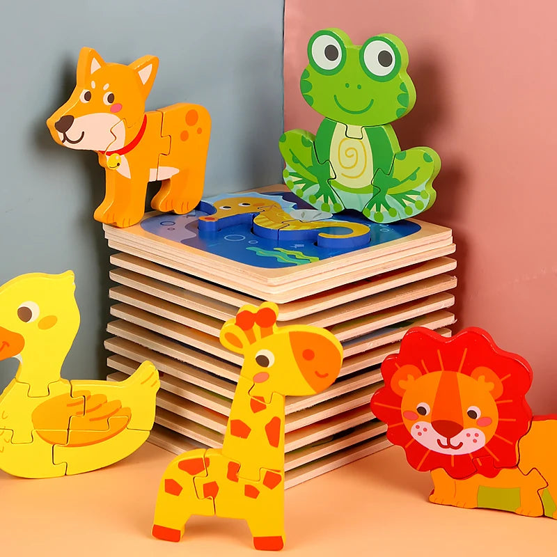 Montessori Wooden Toys Wood Puzzle Cartoon Animals Cognitive Jigsaw Puzzle