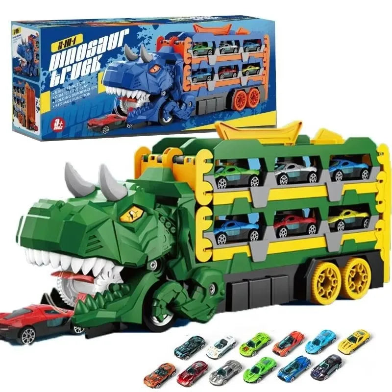 Dinosaur Transport Truck Toy Race Track Folding Dino Carrier Car Set