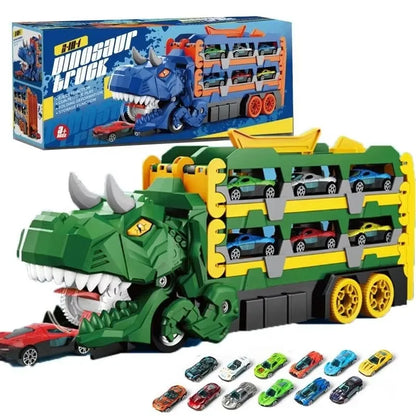 Dinosaur Transport Truck Toy Race Track Folding Dino Carrier Car Set