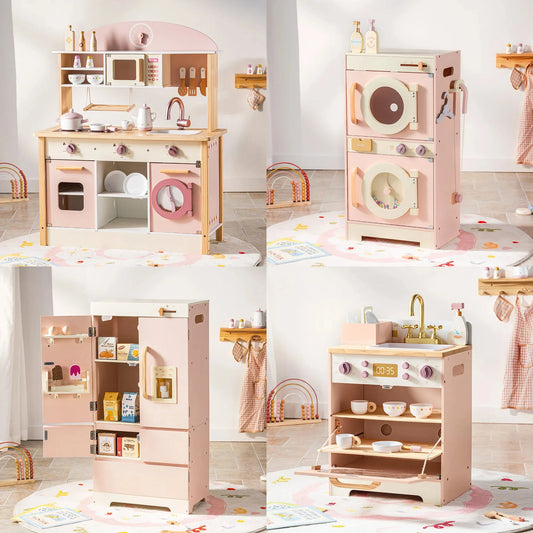 Robud Kids Wooden Pink Play Kitchen All in 1 Corner Set Includes Oven