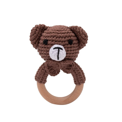 1PC Crochet Animal Bear Rattle Toy Soother Bracelet Wooden Teether Ring