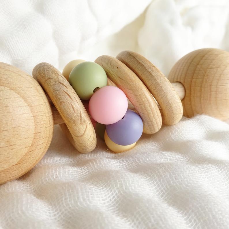 Baby Wooden Rattles, Raw Wooden Toys, Silicone Beads