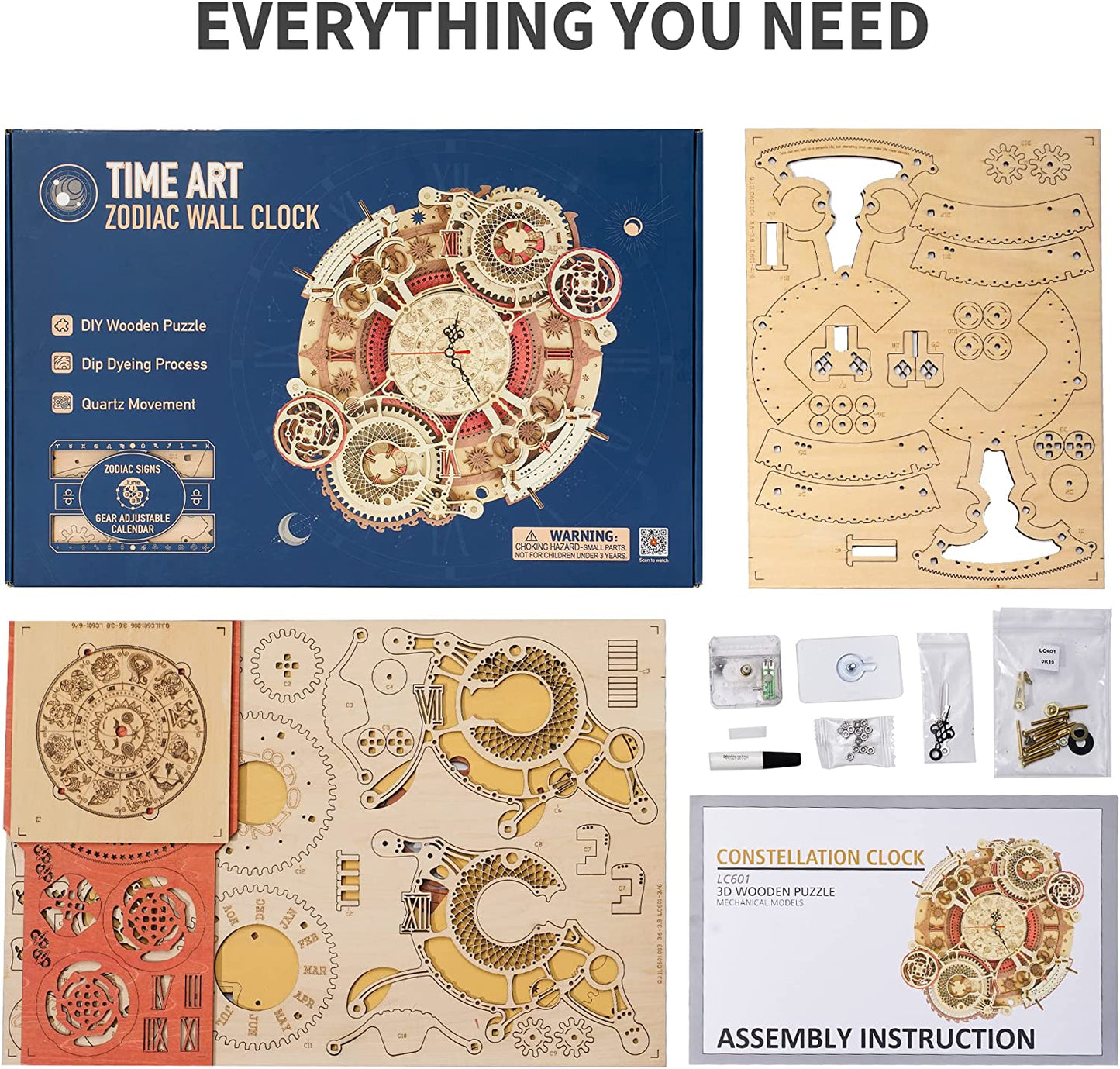 Time Art Zodiac Wall Clock 3D Wooden Puzzle Games Model Building Kits