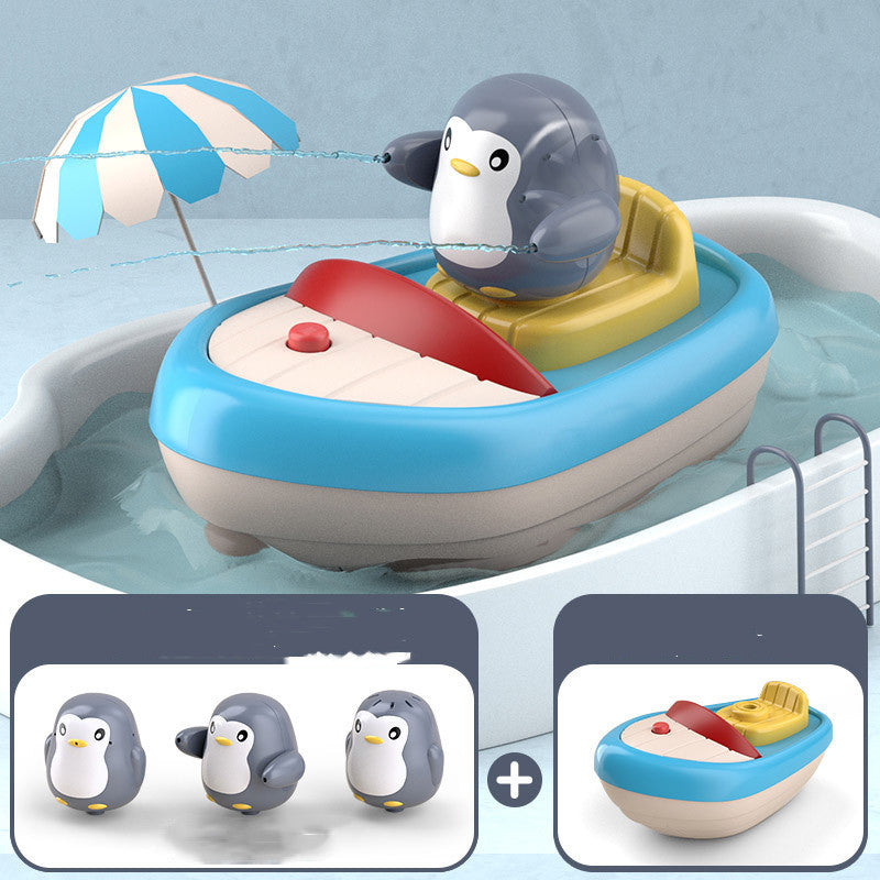 Toddler Bath Toys Squirting Penguin Electric Boat Toy With 3 Penguins