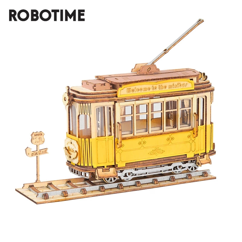 Robotime Rolife Vintage Tramcar Model 3D Wooden Puzzle Toys for Chilidren Kids Adult Christmas Birthday GiftsTG505 Dropshipping