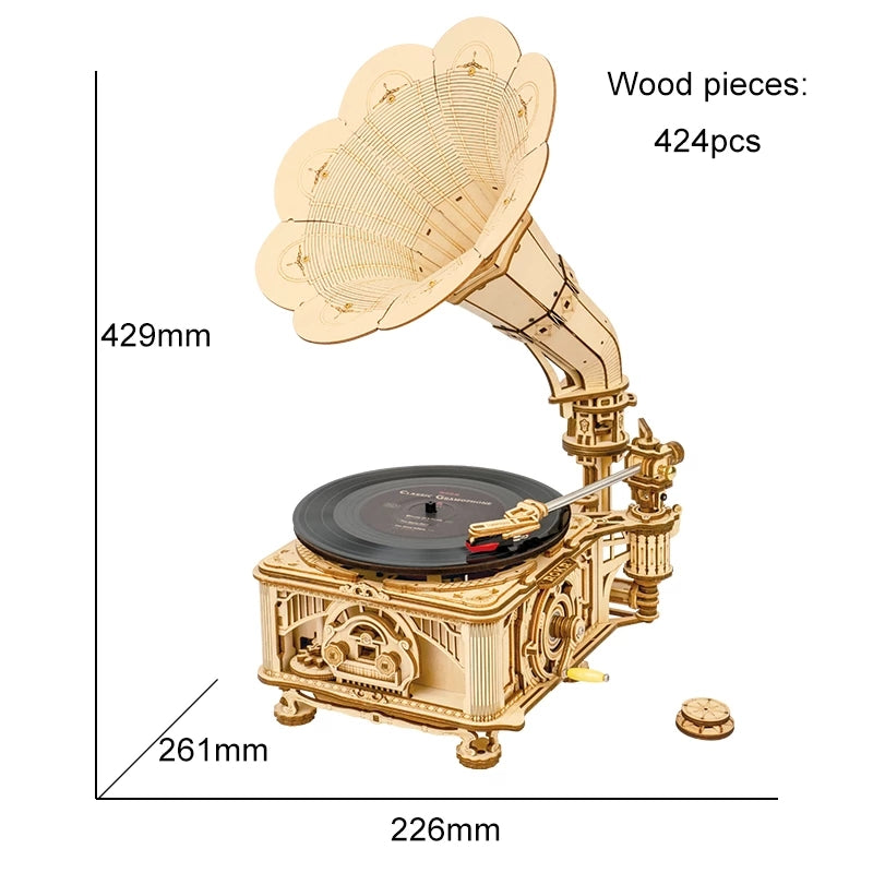 Hand Crank Classic Gramophone DIY Wooden Puzzle Model Building