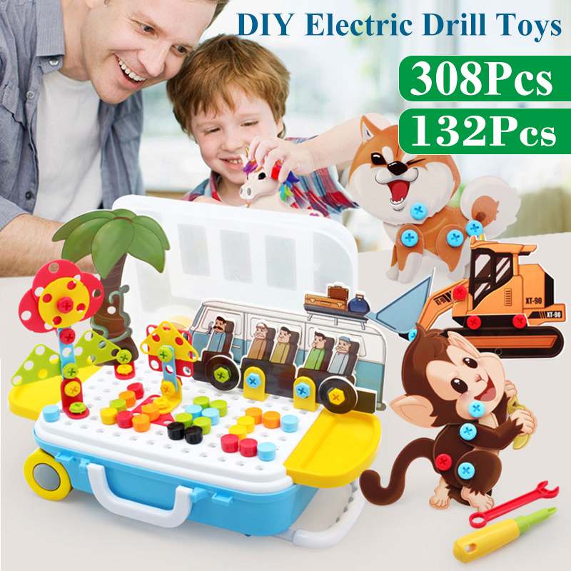 132/308 Pieces Kids Electric Drill Toys DIY Educational Puzzle