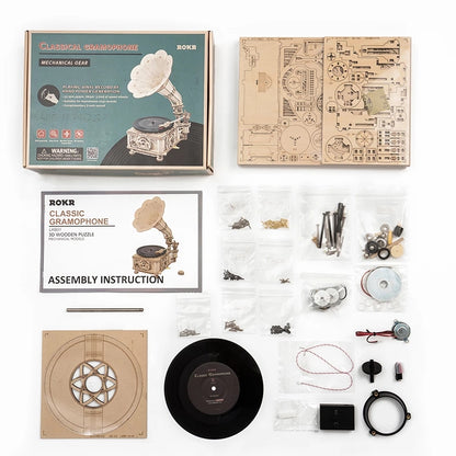 Hand Crank Classic Gramophone DIY Wooden Puzzle Model Building