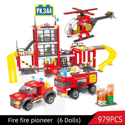 City Fire Station Model Building Blocks Car Helicopter