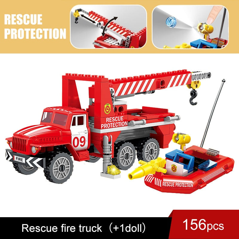 City Fire Station Model Building Blocks Car Helicopter