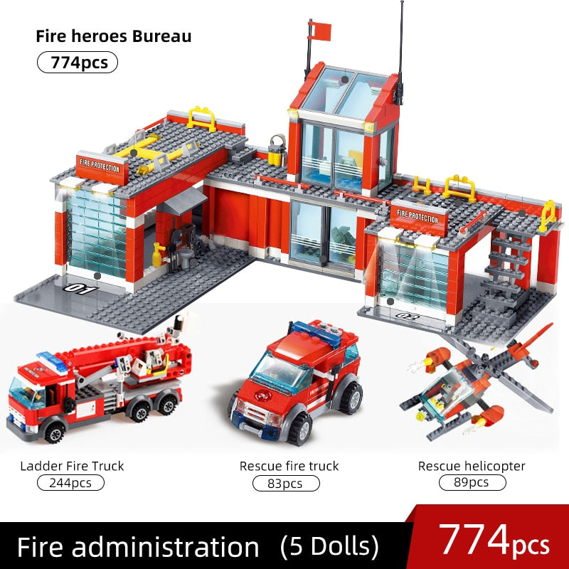 City Fire Station Model Building Blocks Car Helicopter