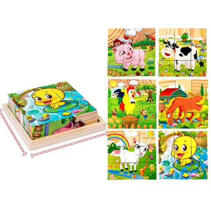 9 Pieces Six-sided 3D Cubes Jigsaw Puzzles Tray Wooden Toy