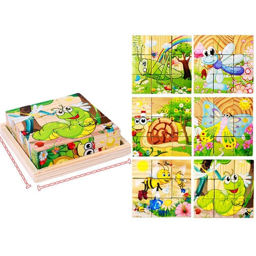 9 Pieces Six-sided 3D Cubes Jigsaw Puzzles Tray Wooden Toy