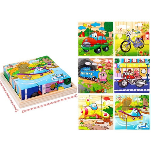 9 Pieces Six-sided 3D Cubes Jigsaw Puzzles Tray Wooden Toy